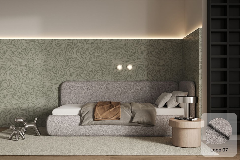 Bett Bao 90x200, Stoff LOOP 07, Metallgestell, Rechtsseite, seitlich zu öffnen