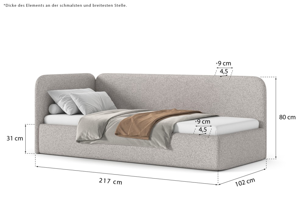Bett Bao 90x200, Stoff LOOP 07, Metallgestell, Linkseite, seitlich zu öffnen