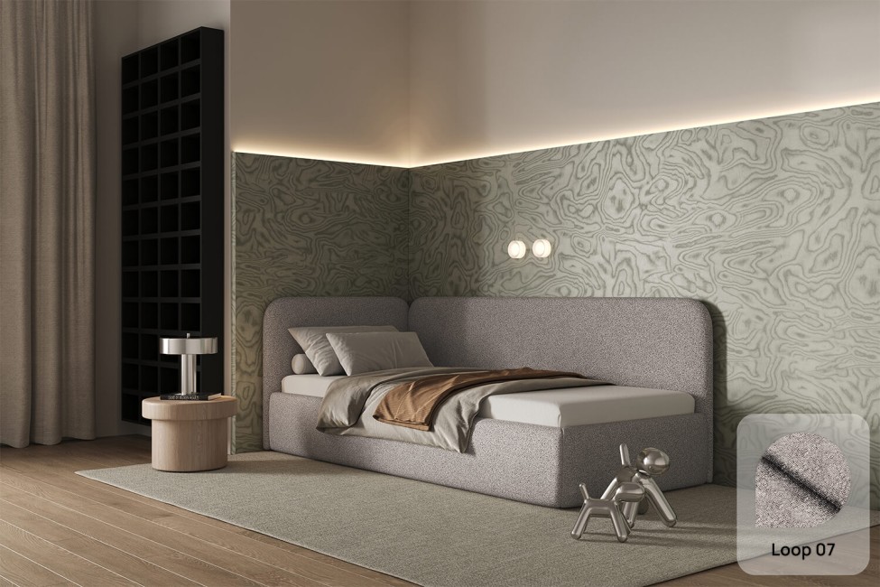 Bett Bao 90x200, Stoff LOOP 07, Metallgestell, Linkseite, seitlich zu öffnen