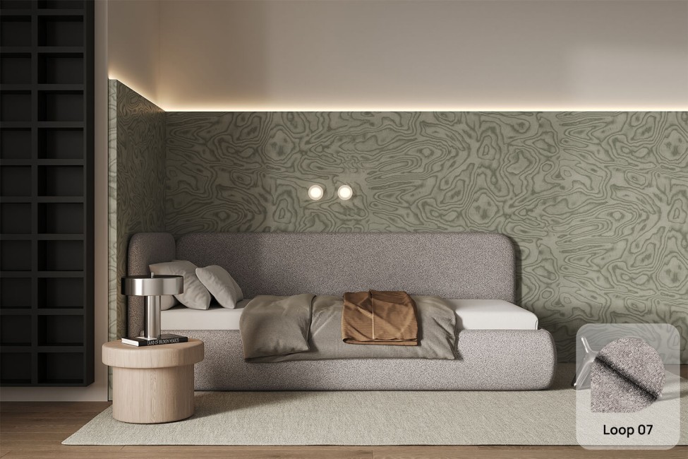 Bett Bao 90x200, Stoff LOOP 07, Metallgestell, Linkseite, seitlich zu öffnen