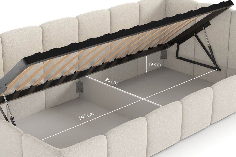Bett Auro Twin Low 90x200, Stoff STORM 02, Metallgestell, Rechtsseite, seitlich zu öffnen