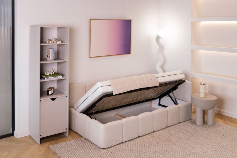 Bett Auro Twin Low 90x200, Stoff STORM 02, Metallgestell, Rechtsseite, seitlich zu öffnen